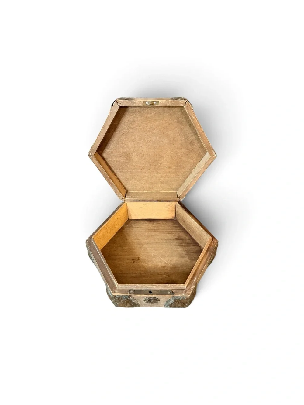 Antique Brass & Wood Ornate Hexagonal Decorative Trinket Box from Czech Republic